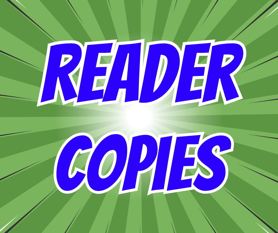 Reader Copies in Bangers comic font, with a verigated stripe for middle burst green background